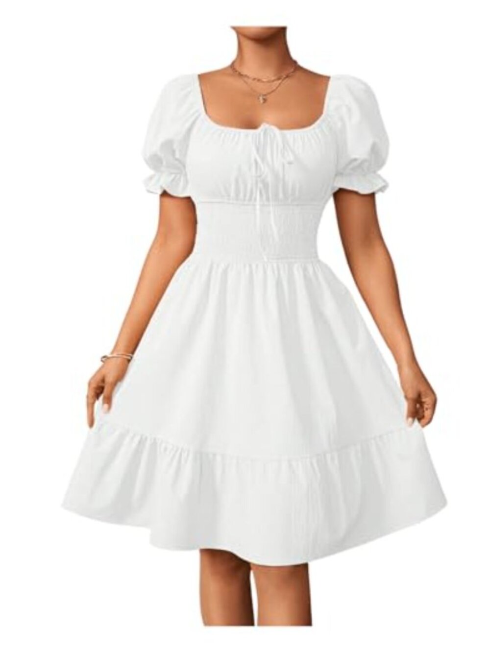 Puff Sleeve Tie Front Milkmaid Dress Ruffle Hem A Line
